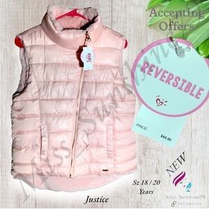 Justice NEW - Sz 18/20 yrs - reversible pink plush vest - rose asymmetric zipper